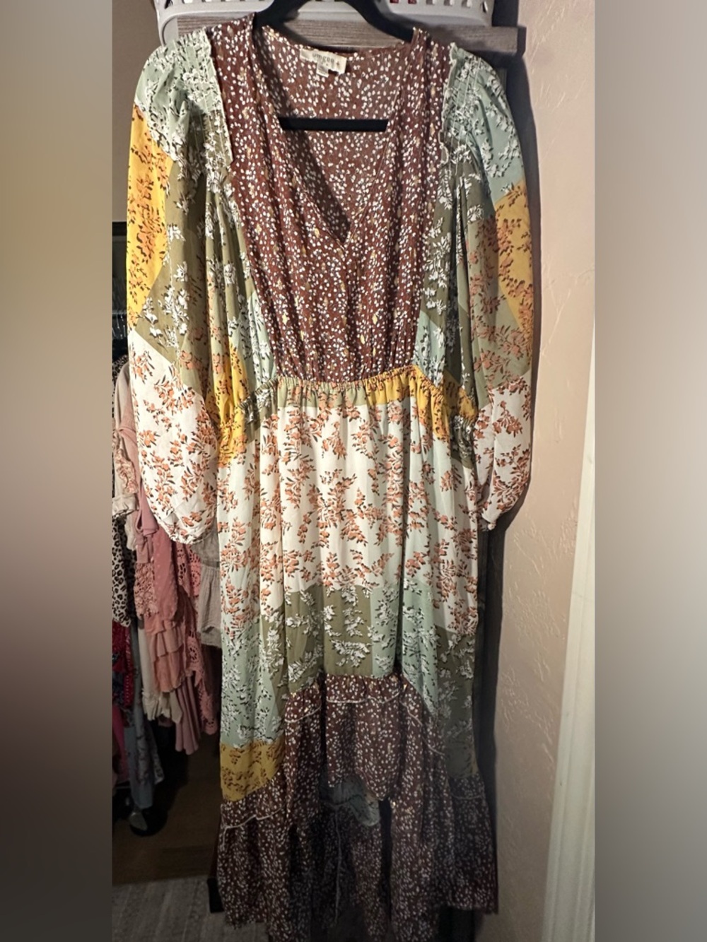 Umgee Floral Patchwork High low Dress in Sage, Mustard and Rust
